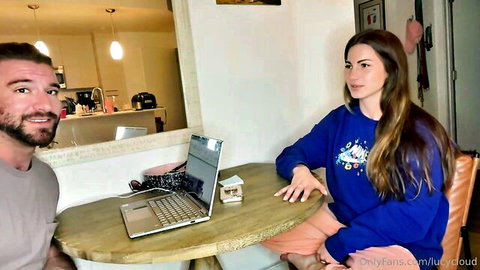 Bearded cuckold husband and brunette wife watch interracial porn on laptop