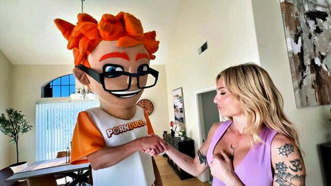 Kathryn Mae in low-cut purple dress shaking hands with PornDude mascot