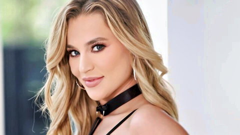 Blonde bombshell Blake Blossom in sexy black choker and lingerie pose