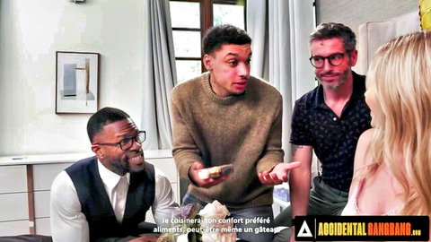 Blonde babe cheered up by black and mixed guys in gangbang