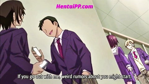 Uncensored anime hentai scene: school students in purple uniforms discussing dating rumors