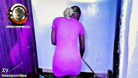 Curvy black maid in tight purple dress, big ass from behind
