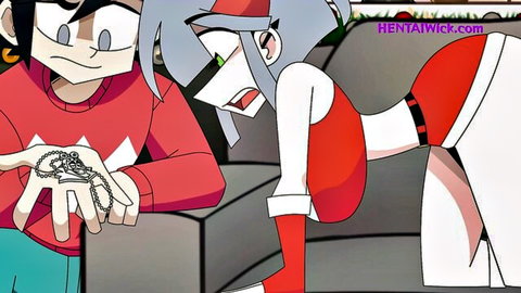 Hentai Santa girl with big ass bent over couch showing panties as guy holds necklace