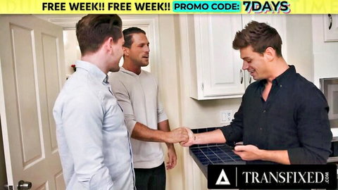 Three handsome young men shaking hands over kitchen counter in Transfixed promo