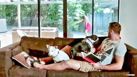 August Ames in pink dress walking poolside, man relaxes with dogs on couch
