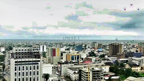Aerial city skyline view over modern buildings under cloudy sky with episode 5 watermark