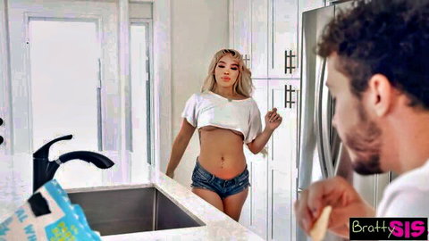 Luna Luxe busty blonde stepsis teases in crop top and shorts