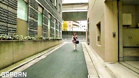 Sexy Japanese girl in school uniform walking alley before hot JAV gangbang