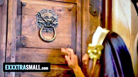 Petite stepsister in Halloween Egyptian costume knocks on cursed door, teasing virgin deflowering