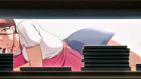 Blushing anime schoolgirl in uniform lying prone, upskirt ass tease