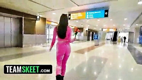 Fiona Frost in tight pink tracksuit, teasing walk at airport, Team Skeet