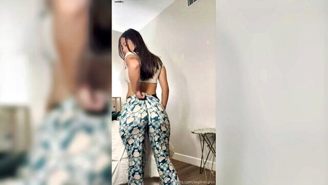 Hot teen influencer teases with low floral pants exposing ass crack in homemade mirror selfie
