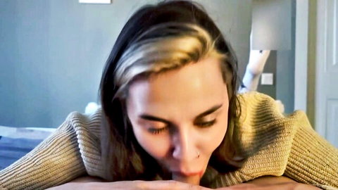 Beautiful Russian amateur girl giving intense POV blowjob in sweater