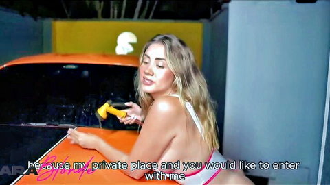 Sara Blonde sexy car wash tease in skimpy white bikini