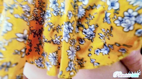 Lily Larimar teases in yellow floral dress upskirt view