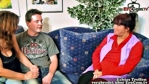 Mature German housewives in casual threesome with man touching hands