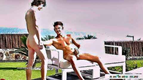 Two muscular naked gay buddies tasting massive raw cock outdoors