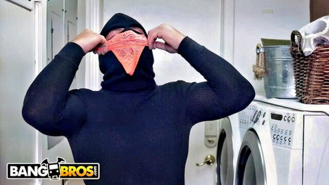 Sara Jay cougar in undies assparade, masked man in BangBros laundry scene