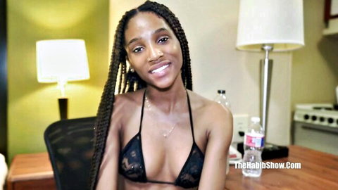 Madison Lee Fox in sexy black lace bra, smiling petite beauty