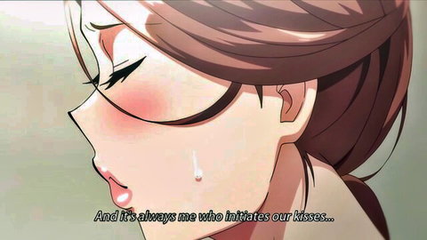 Teary-eyed anime wife with flushed cheeks, emotional kiss confession scene