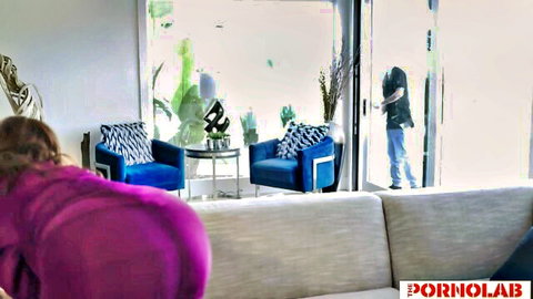 Stepmom in purple dress bends over, showing big ass to son from behind