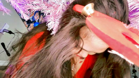 Jasmine Rose teases with big ass in festive red outfit, hair brushing closeup
