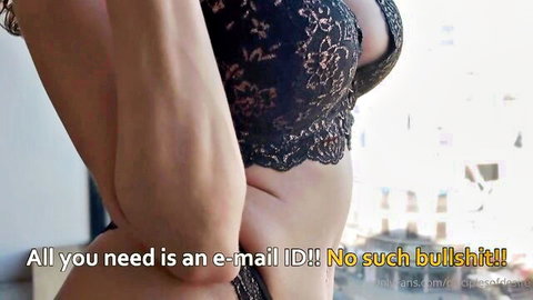Curvy fair-skinned brunette in black lace bra flaunting huge tits and big ass side view