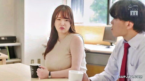 Busty Asian secretary with huge tits in tight tank top chatting with boss at office table