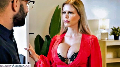 Busty MILF Casca in low-cut red dress showing deep cleavage