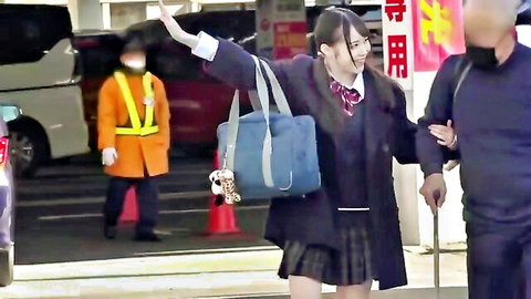 Japanese schoolgirl in uniform stalked and grabbed on street, JAV deepthroat fetish