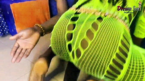 Vera in revealing green mesh dress, big ass from behind with man