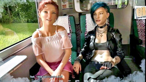 Busty redhead and blue-haired punk girl chatting seductively on train in Halfway House 49