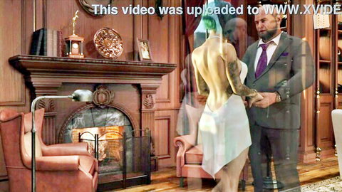 Tattooed green-haired woman in backless white dress with suited man