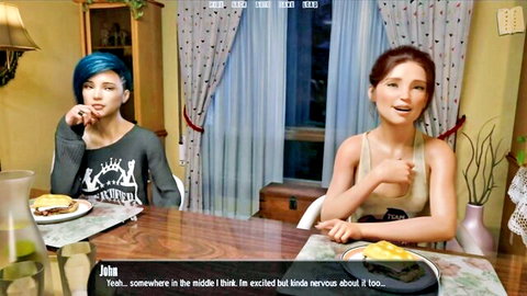 Two young women with blue and brown hair excitedly chatting over dinner in casual tops