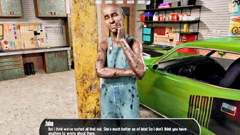 Animated muscular black man in dirty overalls pondering in garage, Halfway House 62