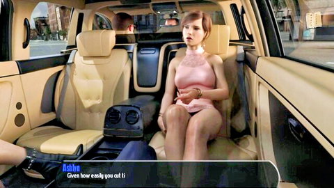Redhead woman in short pink dress sitting in car backseat, Halfway House 69