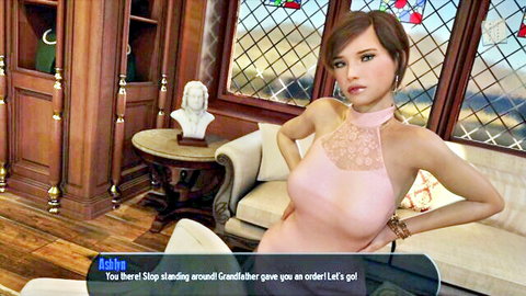 Brunette in revealing pink lace halter dress posing seductively on couch