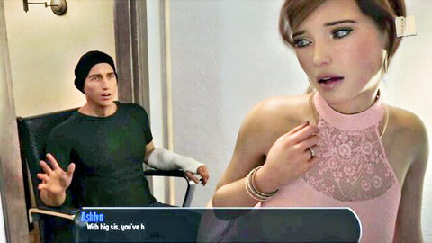 Brunette in pink lace dress with injured man in Halfway House 78 scene