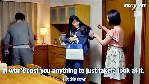 Two skinny Japanese brunettes with long hair seduce shy guy in kitchen for rough blowjob sex