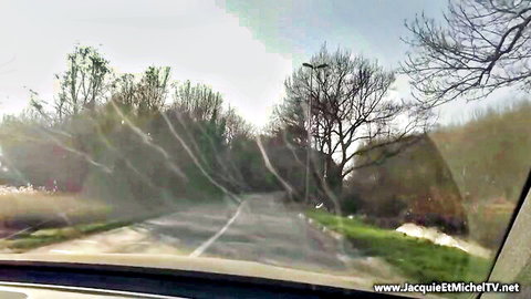 Dashcam view through rainy windshield of foggy rural road with bare trees and lamp post