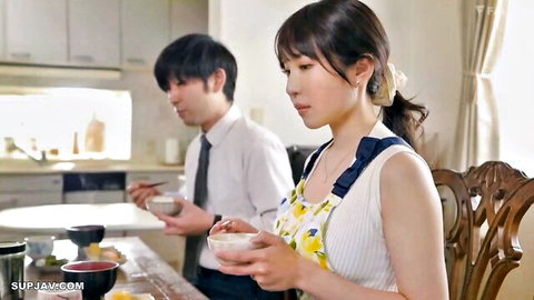 Japanese wife in apron shares meal with father-in-law, JAV scene