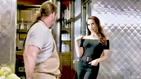 Melissa Stratton in seductive black off-shoulder top, flirting with stranger
