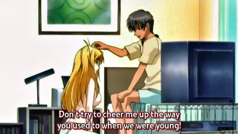 Blonde anime girl comforted by male roommate in hentai thumbnail