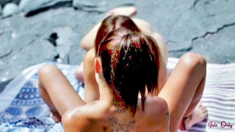 Tanned Lana Grand and Matty nude outdoors lesbian scene