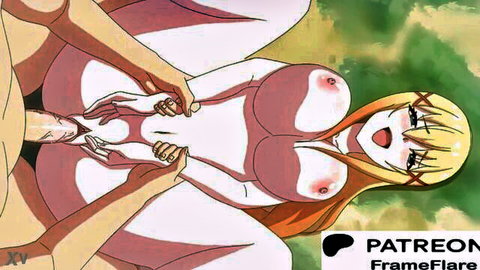 Blonde anime girl with huge pink tits spreads legs for cock penetration in outdoor hentai fuck