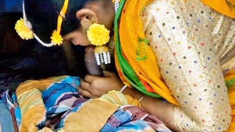 Bangladeshi housewife in yellow sequined saree sucks thick cock with jhumkas dangling