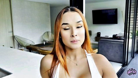 Abella Olsen Latina beauty in low-cut white tank top, seductive gaze and cleavage tease