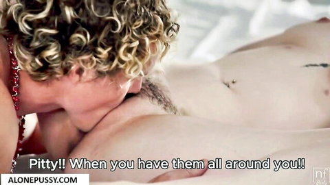 Alyx Star with curly blonde hair kissing cock close-up in red top