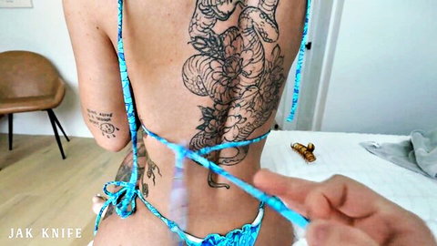 Effy Cutie goth French babe bikini removal with dragon back tattoo