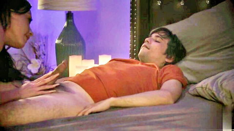 Asian stepmom touches exposed stepson in bed seduction scene